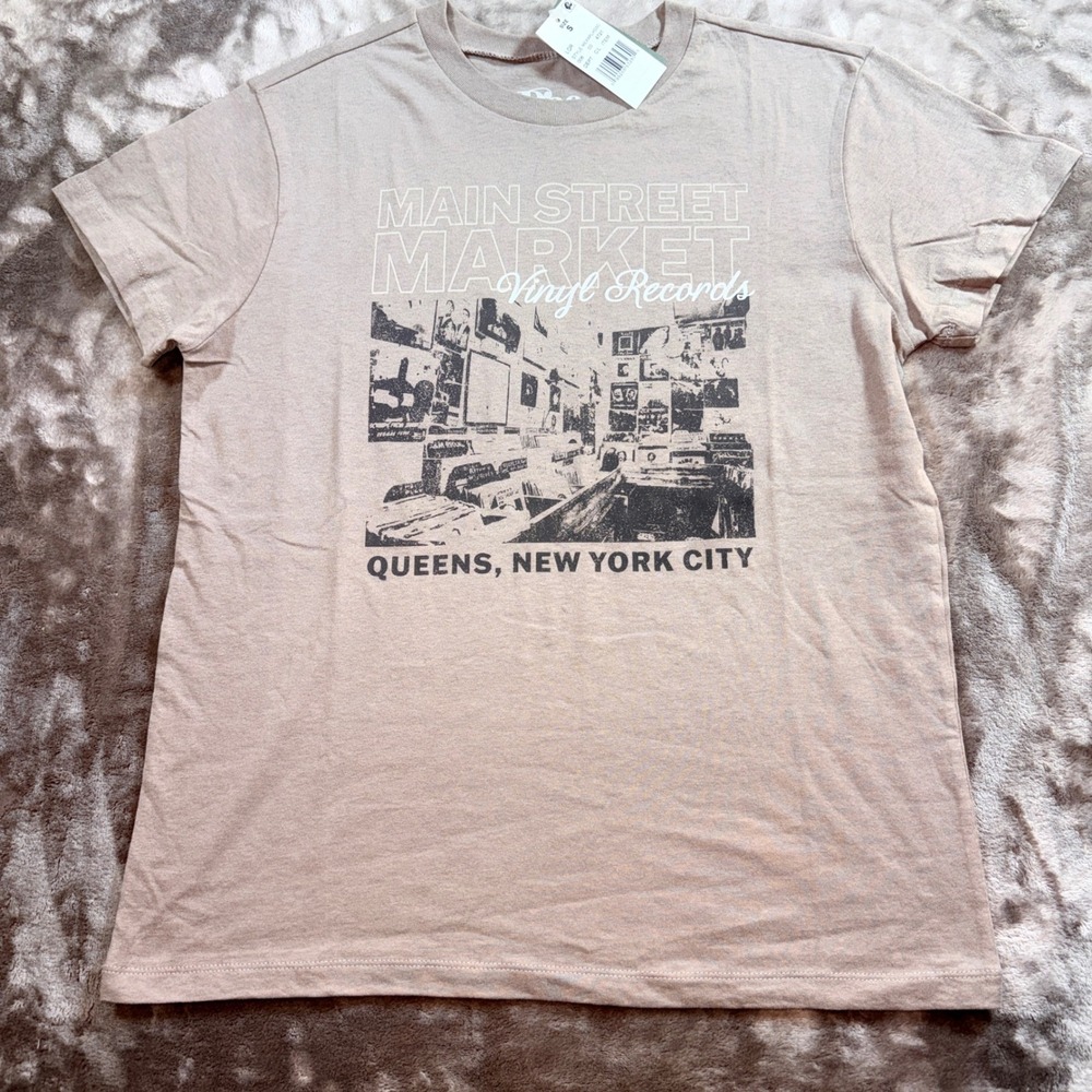Doe Main Street Market Vinyl Records T-Shirt S Tan NEW Queens NYC Graphic
